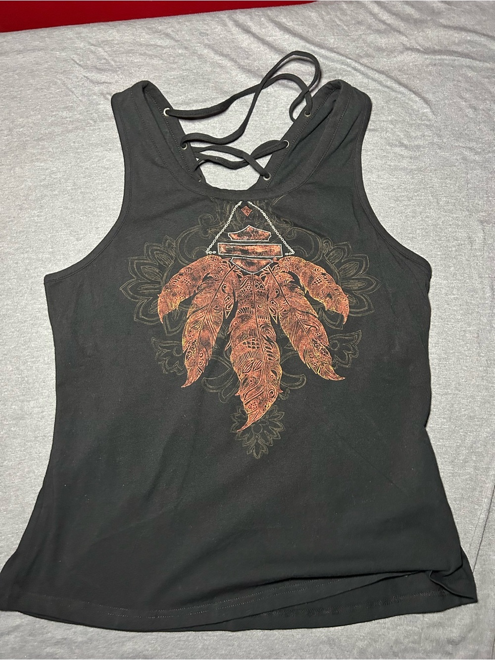 Harley-Davidson Black Lace-Up Camisole Tank with Rust Feather Graphic